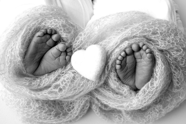 新生双胞胎的脚。毯子里有两双婴儿的脚。白色编织的心。近距离观察新生儿的脚趾、脚跟和脚。新生儿双胞胎兄弟、姐妹。工作室黑白微距照片。图片下载