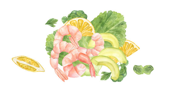 虾，新鲜香草，鳄梨和柠檬片碟水彩孤立插图上的白色。鲜美的牛至，罗勒，生菜沙拉叶，适合海鲜。关心食物烹饪项目，菜单，食谱图片下载