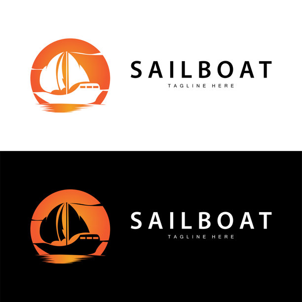 简单的渔船帆船标志简单的设计黑色轮廓船海洋插图模板图片下载