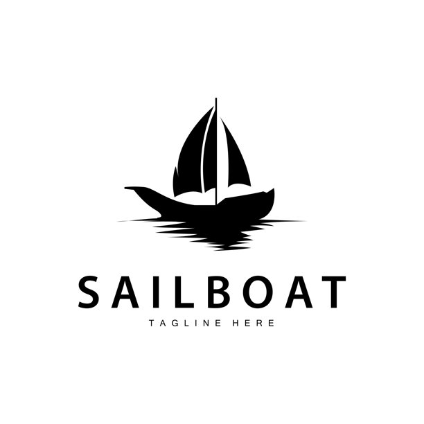 简单的渔船帆船标志简单的设计黑色轮廓船海洋插图模板图片下载