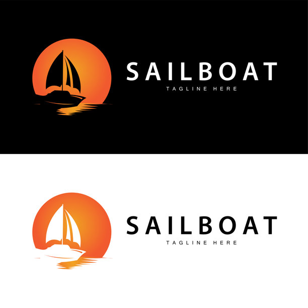 简单的渔船帆船标志简单的设计黑色轮廓船海洋插图模板图片下载