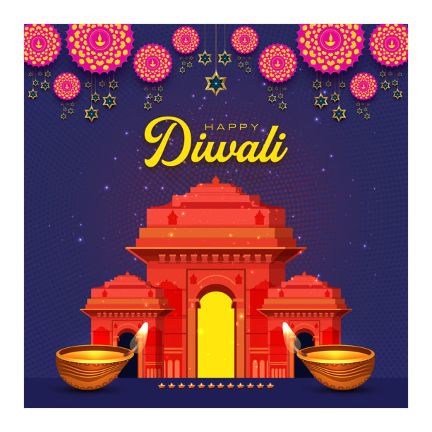 排灯节快乐卡片，印门背景有燃烧的灯。图片下载