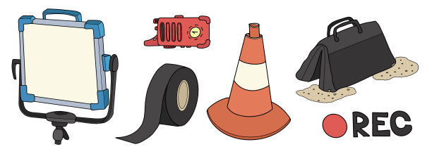 电影设备说明:光，磁带，锥，袋，沙袋，和记录图标在一个白色的背景。图片下载