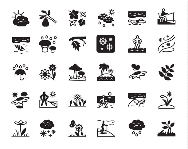 天气和自然图标集具有季节性元素，植物和户外活动图片下载