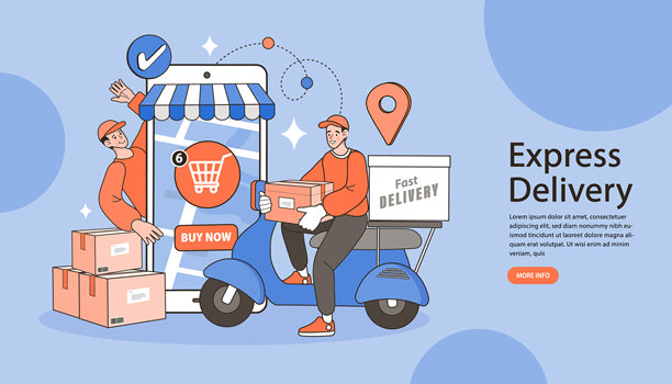 电子商务的概念。在线购物。在线配送服务理念。通过移动电话通过滑板车快速送货。骑摩托车的人。矢量插图。图片下载
