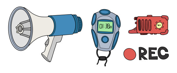 插图的扩音器，秒表，记录设备，并在鲜艳的颜色REC文本。图片下载