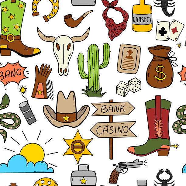 狂野西部无缝图案与仙人掌，牛仔帽，牛头骨，游戏卡，天蝎座等。图片下载