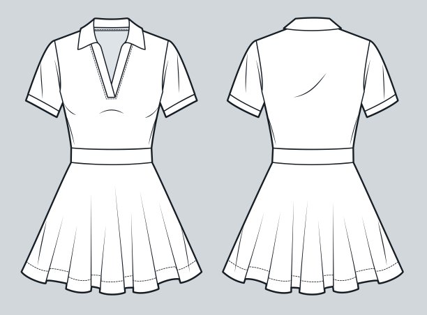 马球服装技术时尚插画。泽西迷你裙时尚平面技术图纸模板，喇叭口，v领，修身，前后视图，白色，女装CAD模型。图片下载