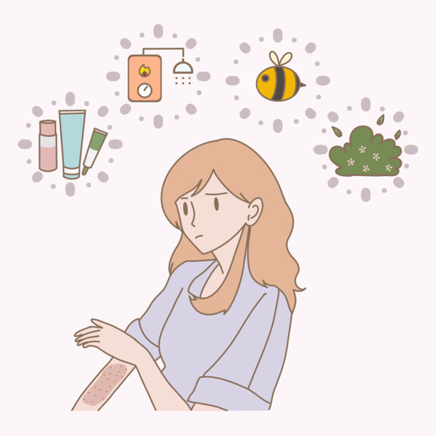 女性皮肤过敏引起的日常用品，化妆品，热水或冷水，昆虫，植物，草，杂草。红疹皮肤刺激，发痒。手绘平面卡通人物矢量插图。图片下载