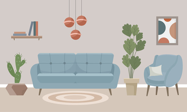 客厅内饰有蓝色沙发、扶手椅、绘画、书架、台灯、室内植物。客厅。家里的家具。房子内部。室内概念。矢量插图在平面风格。图片下载