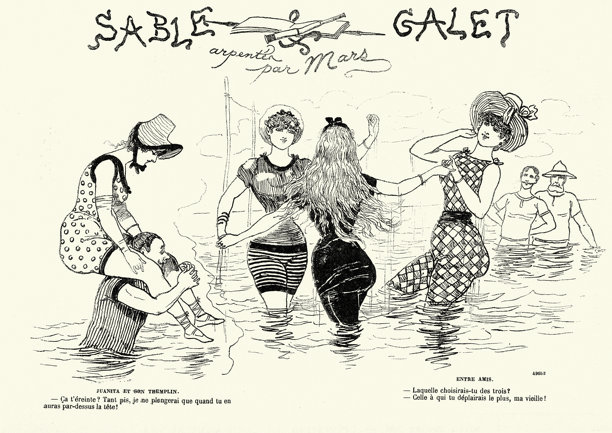 复古的法国卡通，漫画，年轻的女人和男人在海里玩得很开心，海边度假，维多利亚插图，19世纪90年代图片下载