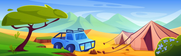 有汽车和帐篷的沙漠营地图片下载