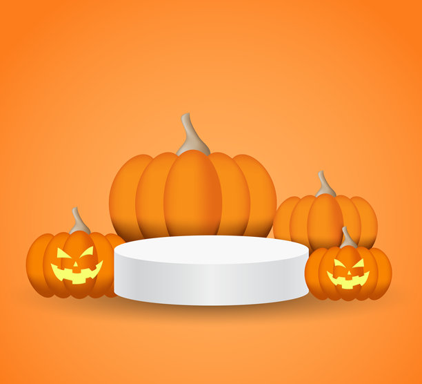 白色空白的讲台，展示橙色背景的万圣节主题概念南瓜产品。矢量图图片下载