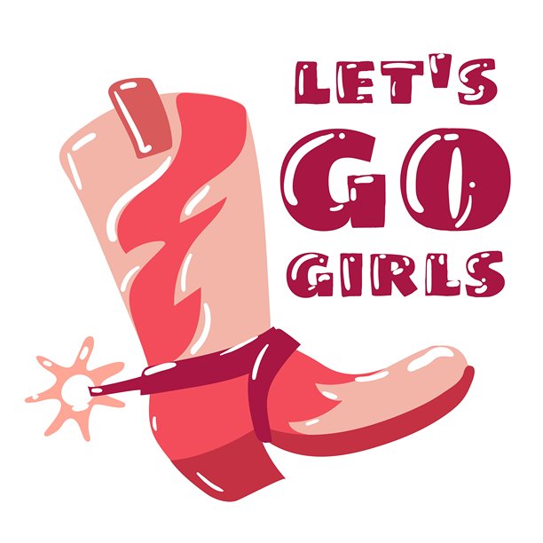一张印有鞋子的海报，上面写着“加油，女孩”。彩色的粉红色插图。在t恤上印上狂野西部的图案或海报设计。一个危险的狂野的西部女孩图片下载