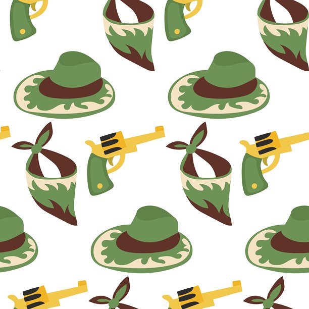 矢量插图的牛仔无缝图案。帽子，左轮手枪，大手帕，西部主题。纺织品设计，包装纸，剪贴簿。在纺织品和纸张上印刷图片下载