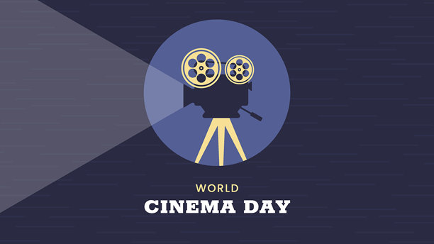 世界电影日横幅。12月28日。复古的颜色。最小假日概念。模板的背景，社交媒体的帖子，网页横幅，卡片，海报与文字铭文。镜头的电影图片下载