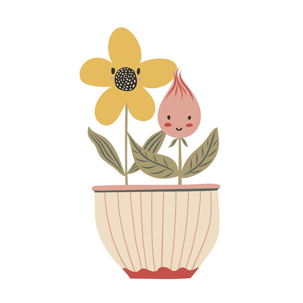 可爱的小花在花盆在卡哇伊卡通风格。手绘矢量涂鸦幼稚的插图。孤立的简单绘图为儿童友好的图形和婴儿的书或卡片设计。图片下载