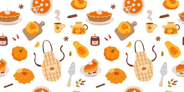 南瓜派背景。南瓜片，香料，蛋白派，整个派，一块派，围裙，茶壶。无缝花纹适用于感恩纸、包装、织物、墙纸等表面。图片下载