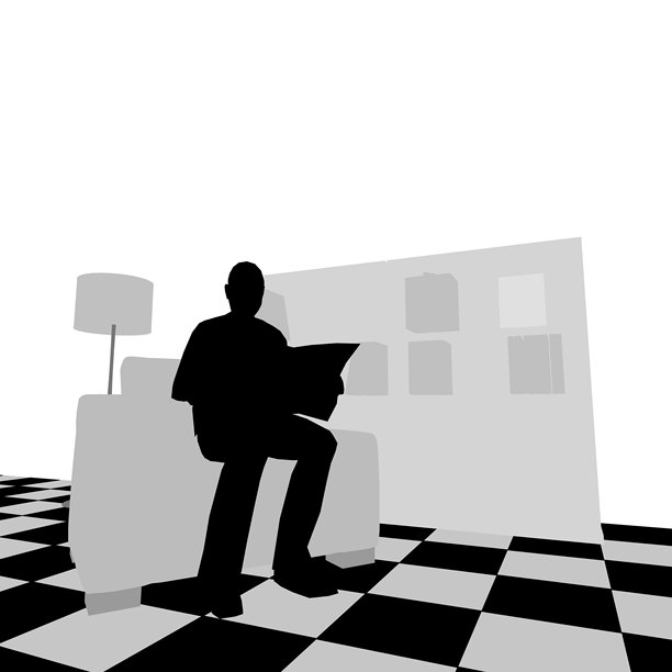 一个人坐在扶手椅上看报纸的剪影，房间里有灯和书柜，书被隔离在白色的背景上。矢量插图。图片下载