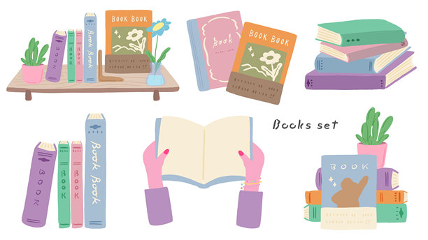一套书，可爱的手绘书架插图，成堆的书和用钉子拿书的手图片下载