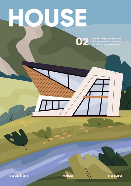 当代建筑海报。现代小屋在河岸上的山景观。豪华住宅外观。背景与家庭立面。小屋，建筑物正面。平面矢量图图片下载