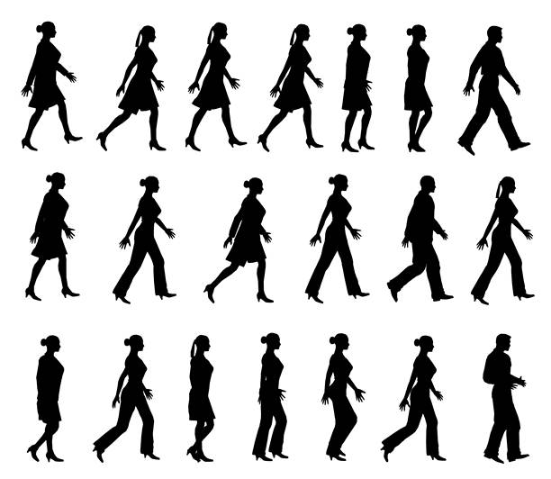 设置与轮廓行走的人孤立在白色背景。男人和女人走路。矢量插图。图片下载