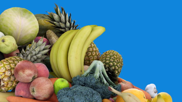 新鲜水果和蔬菜落在蓝色背景与复制空间，3D动画图片下载