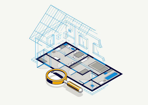 住宅平面铅笔画，别墅住宅建筑蓝图，三维等距矢量图，室内设计方案带屋顶顶视图，避暑别墅。图片下载