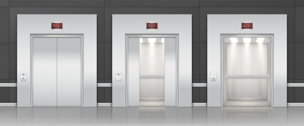 现实的矢量集电梯与关闭和打开铬金属门在黑暗的背景。办公室、酒店等建筑的室内元素。图片下载