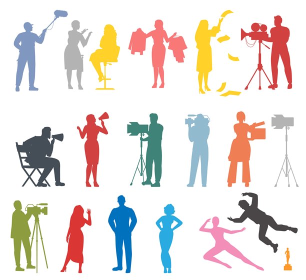 彩色电影摄制组剪影孤立设置在白色图片下载