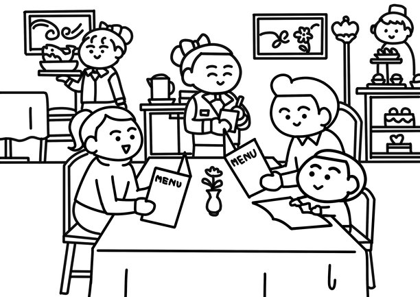 在餐厅用餐的家庭涂色页风格。图片下载