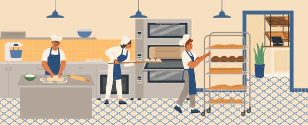 男女面包师揉面和烤面包图片下载