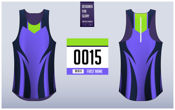 跑步衬衫设计模板，背心运动衫模型的运动员。运行单线模式。统一的前视图后视图。图片下载