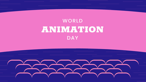 世界动画日横向横幅。10月28日。明亮的颜色。最小假日概念。模板的背景，社交媒体的帖子，网页横幅，卡片，海报与文字铭文。电影院大厅图片下载