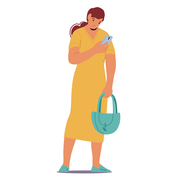 卡通女性角色站着看手机。一名女子手持手提包，似乎在玩电子设备图片下载