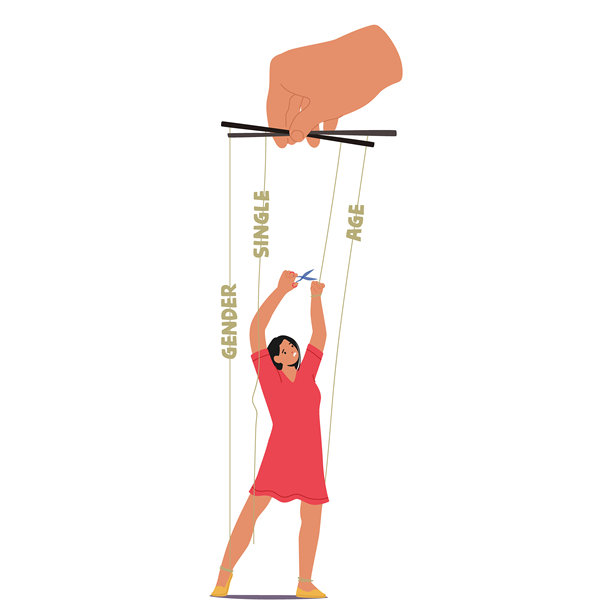 卡通女性人物剪木偶线标记性别，单身，年龄隔离在白色背景图片下载