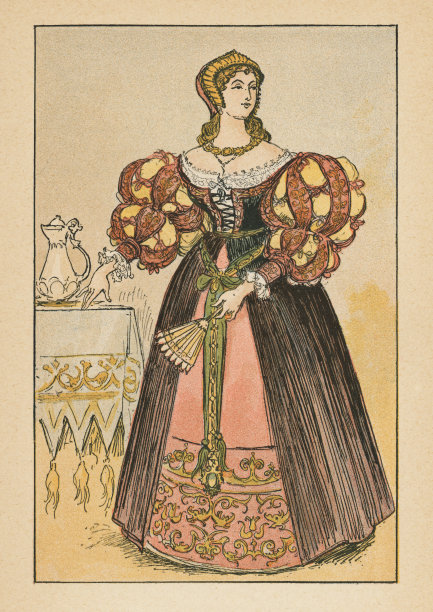 1520年代复兴党时期的时尚，16世纪都铎式的女士长袍，带有镶片卷边袖和山墙帽图片下载