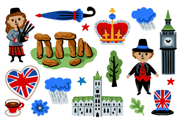 伦敦集，英国卡通图标设计旅游概念。向量图片下载