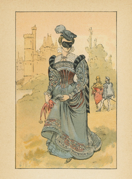 1560年代复兴党时期的时尚，16世纪伊丽莎白时代的女士绣花裙和都铎式圆帽图片下载