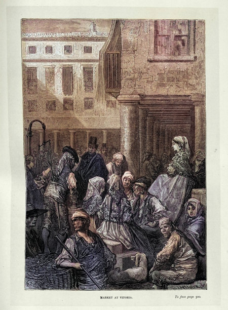 西班牙历史，维多利亚市场上的商人，巴斯克地区，古斯塔夫·多雷，19世纪复古插图图片下载