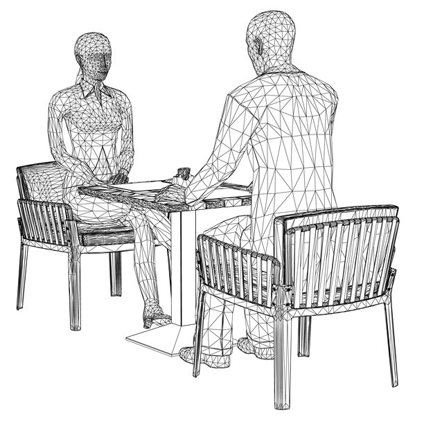 男人和女人在桌子旁对面而坐的线框图：面试场景3D矢量图图片下载