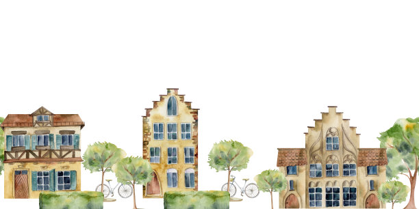 古老的欧洲城镇街道房屋，城市外立面，树木。历史城市景观建筑。水彩手绘无缝横幅。适合旅游商店，纪念品，旅游宣传册，房地产图片下载