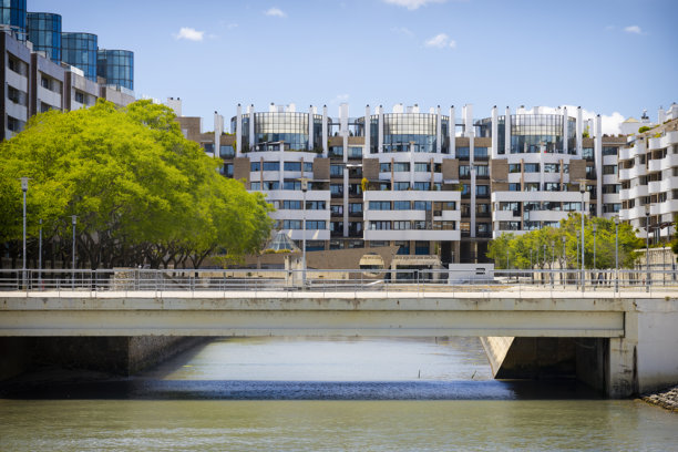 在葡萄牙里斯本的Moscavide区，有绿树的新公寓建筑群图片下载