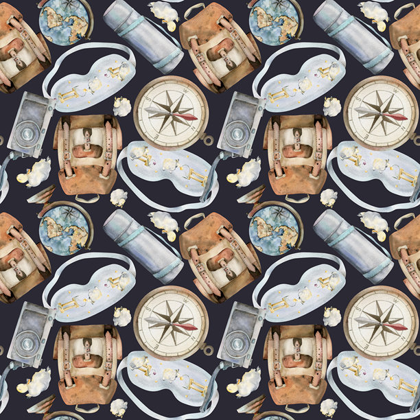 带羊的背包睡眠面罩，指南针，旧照相机，保温瓶。水彩手绘艺术。无缝模式。旅游设计，旅游宣传册，婚庆指南，印刷，卡片，纹身。图片下载