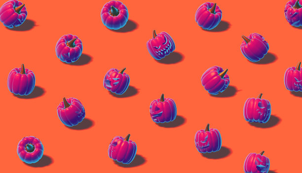 橙色背景上的南瓜。咖啡厅、菜单、餐厅的图案。3d模板背景。万圣节。3d渲染。图片下载