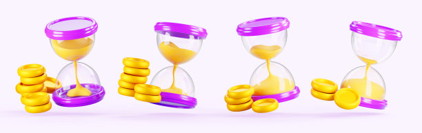 3d时间是金钱的概念，沙漏用金币堆叠在不同角度的视图渲染。隔离玻璃沙钟设置，理财成功和投资，收入和储蓄增长图片下载