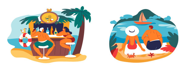 海滩酒吧和情侣场景图片下载