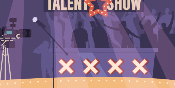 充满活力的才艺表演舞台被灯光和聚光灯照亮。舞台设置有麦克风和表演空间图片下载