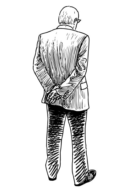 随意的老人独自站立的素描，后视图，矢量现实手绘孤立在白色图片下载