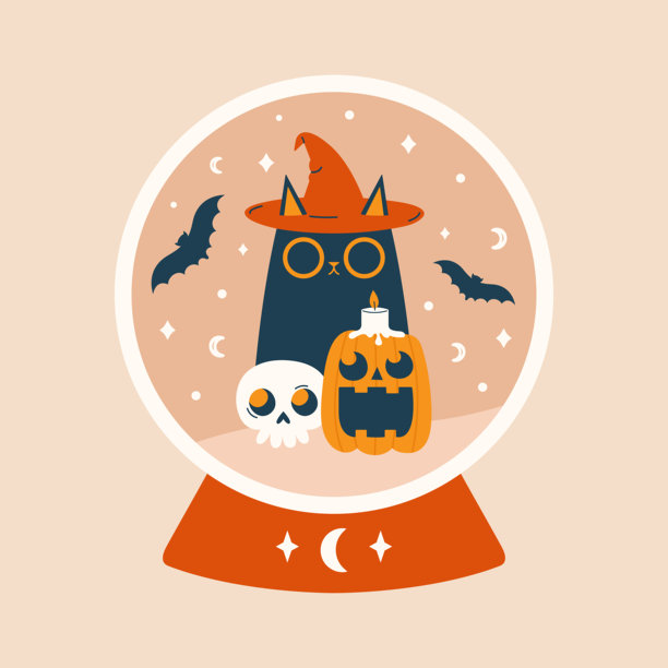 万圣节矢量插图与水晶球在其中坐猫在女巫帽子，头骨，南瓜，蝙蝠。算命球。巫术的对象。神秘可爱的剪贴艺术邀请，贴纸，卡片图片下载